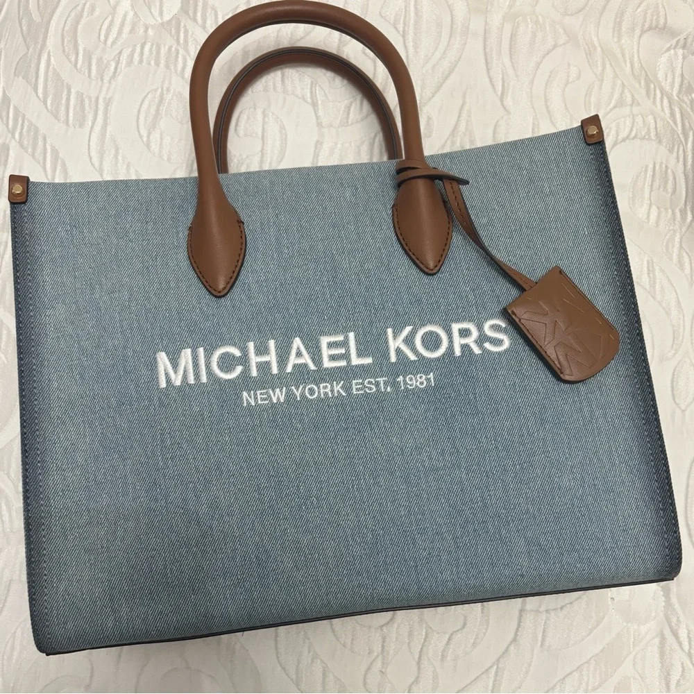 NWT Michael Kors Mirella Denim Blue Tote with Tan Leather Accents - Picture 6 of 11